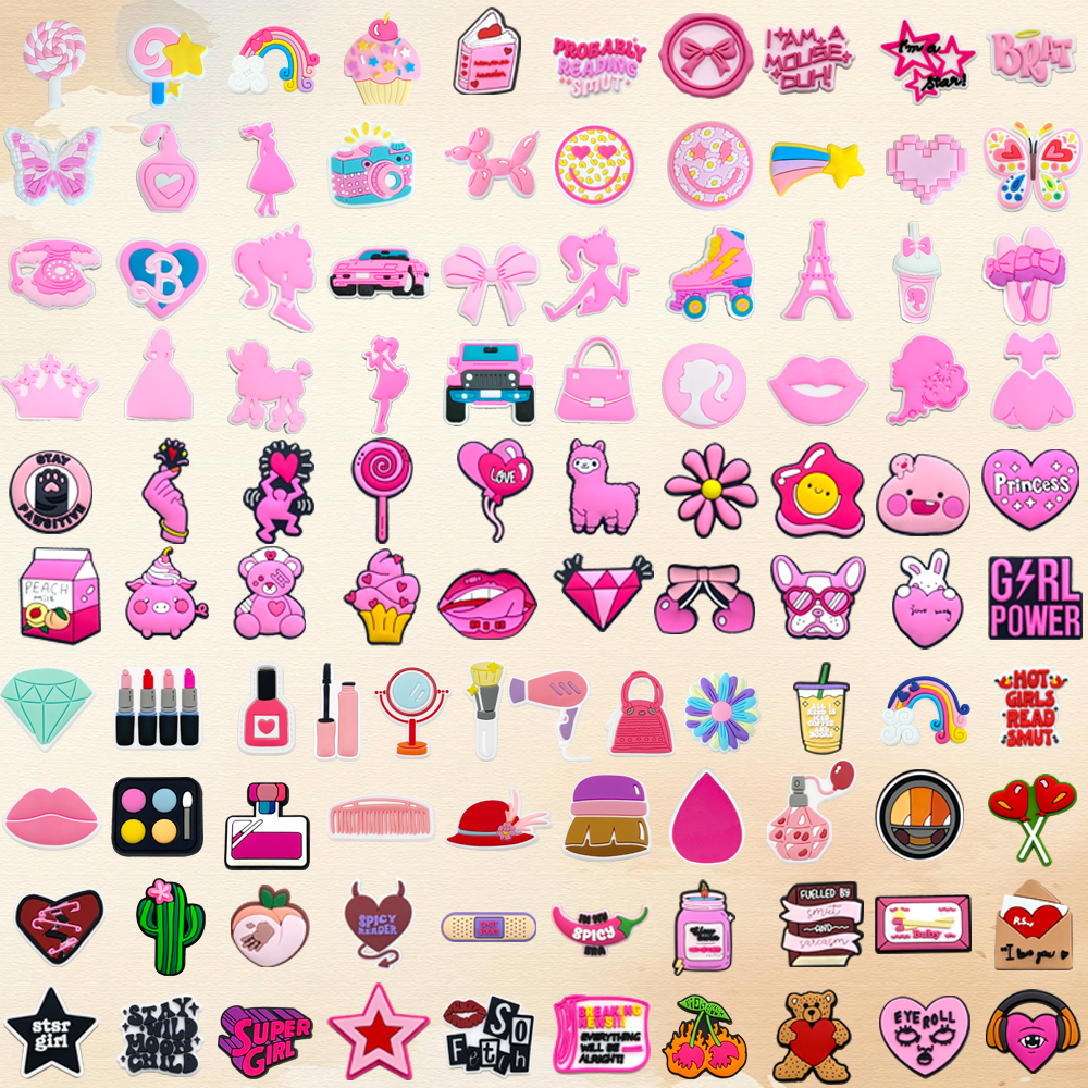 Novidades 100 Estilo Sapato Encantos Decrations Série Rosa Dos Desenhos Animados Sandálias Fivela PVC Acessórios De Botã