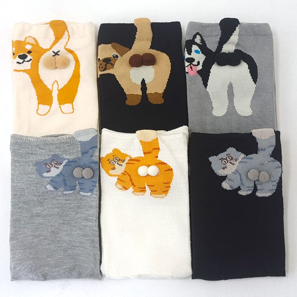 Meias de algodão femininas com animais 3D estilo cartoon, meias curtas masculinas para esportes e lazer