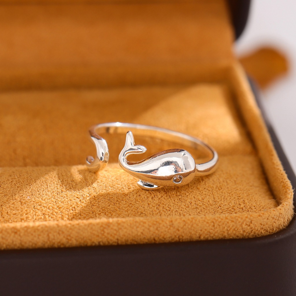 Novo criativo 925 anel de prata esterlina moda bonito baleia golfinho simples Animal anel único aberto feminino CR390 em Oferta na Shopee