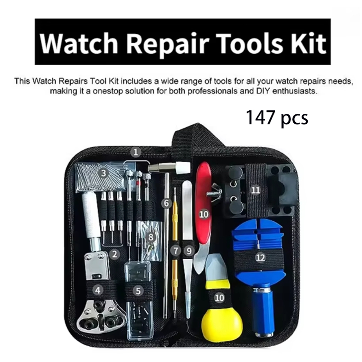 Kit de ferramentas para relojoeiros com 147 peças, kit de ferramentas para reparo e manutenção de relógios, kit de repar