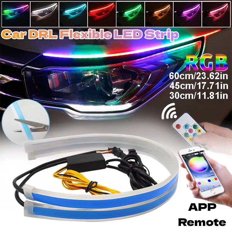 2pcs 12V Carro LED Luzes Diurnas Tira Com Sinal De Volta , Controle De APP Universal Flexível Fluindo Strip Luz De Condu