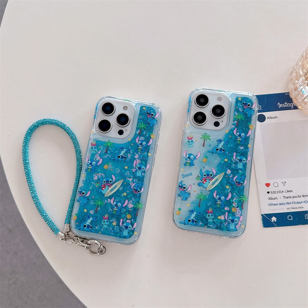iPhone 16 Pro Max 15 Plus 14 12 13 11 Personagem De Surf Estampado Glitter Líquido Bling Areia Movediça Capa Com Alça De