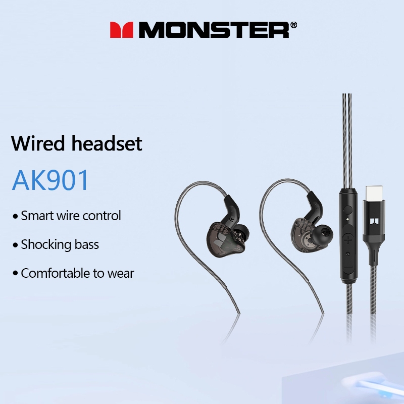 Monser AK901 Fone De Ouvido Com Fio Para Jogos Microfone Plugável Cancelamento Ruído HiFi PC Universal 3.5mm/TypeC