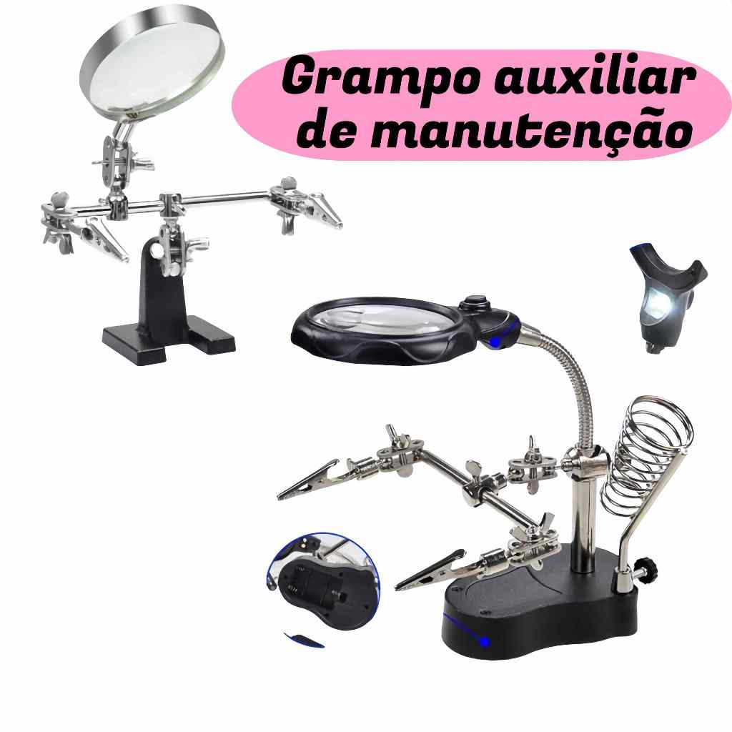 Lupa De Bancada Mesa Aumento 5x Com Suporte 2 Leds（ou sem luz） Garras De Solda em Oferta na Shopee