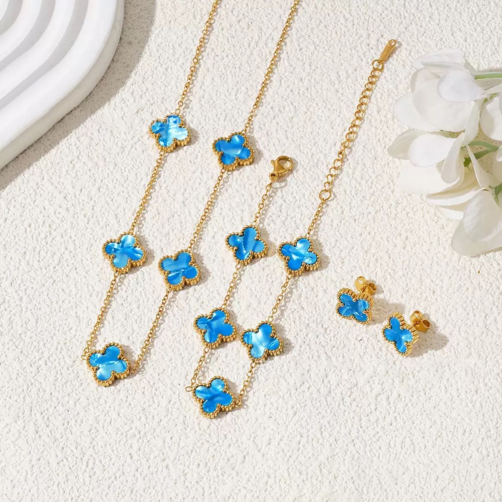 Conjunto Antialérgico 3 Peças Trevo Sorte | Aço Inoxidável Banhado 18K | Presente Várias Cores em Oferta na Shopee