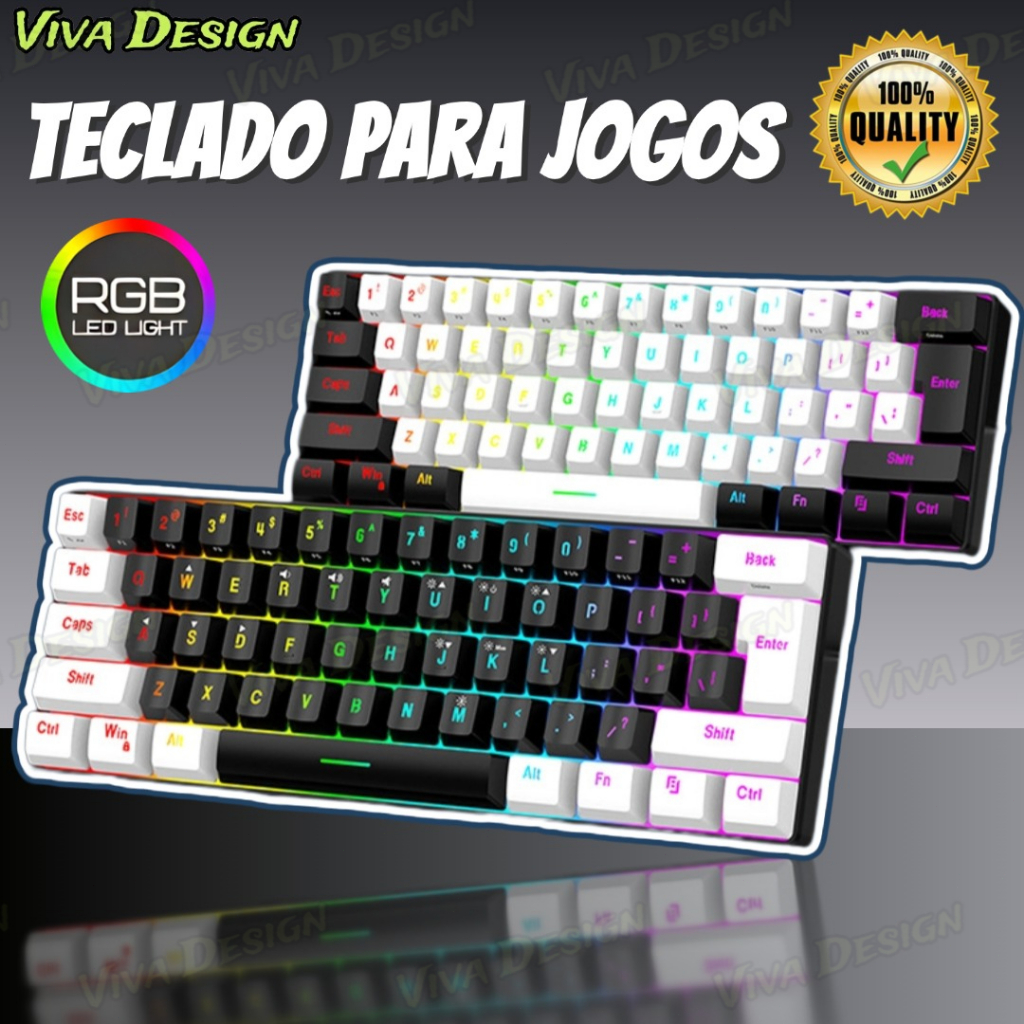Teclado com fio 61-Key RGB Backlight Mini Compact USB-C Cabo de alimentação plugável