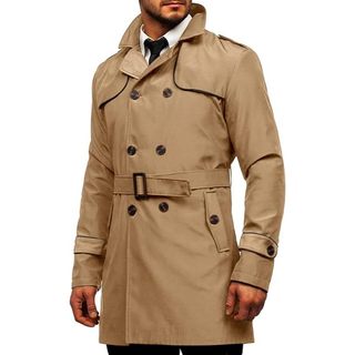 Trench Coat Masculino Fino Ajuste Duplo Breasted Entalhado Lapela Com Cinto Blusão Jaqueta Longa Casual À Prova De Vento