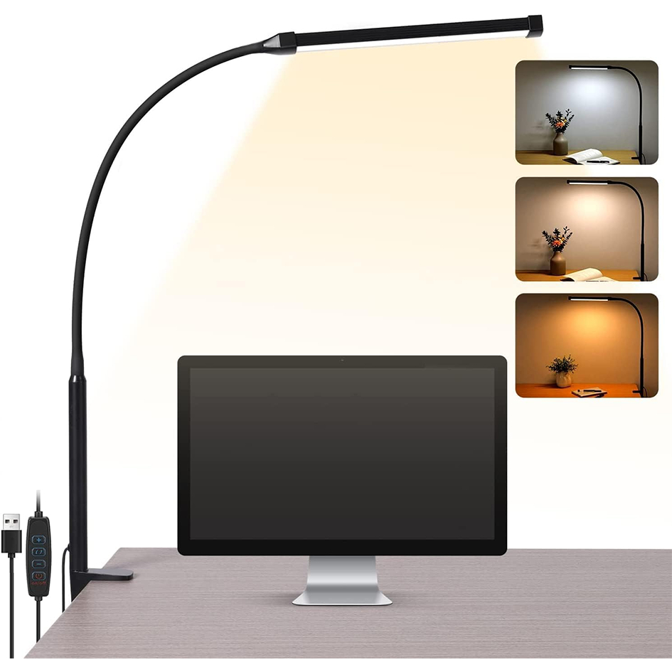Luminária de Mesa LED com Clipe – 3 Cores, Luz Regulável para Escritório, Estudo e Leitura
