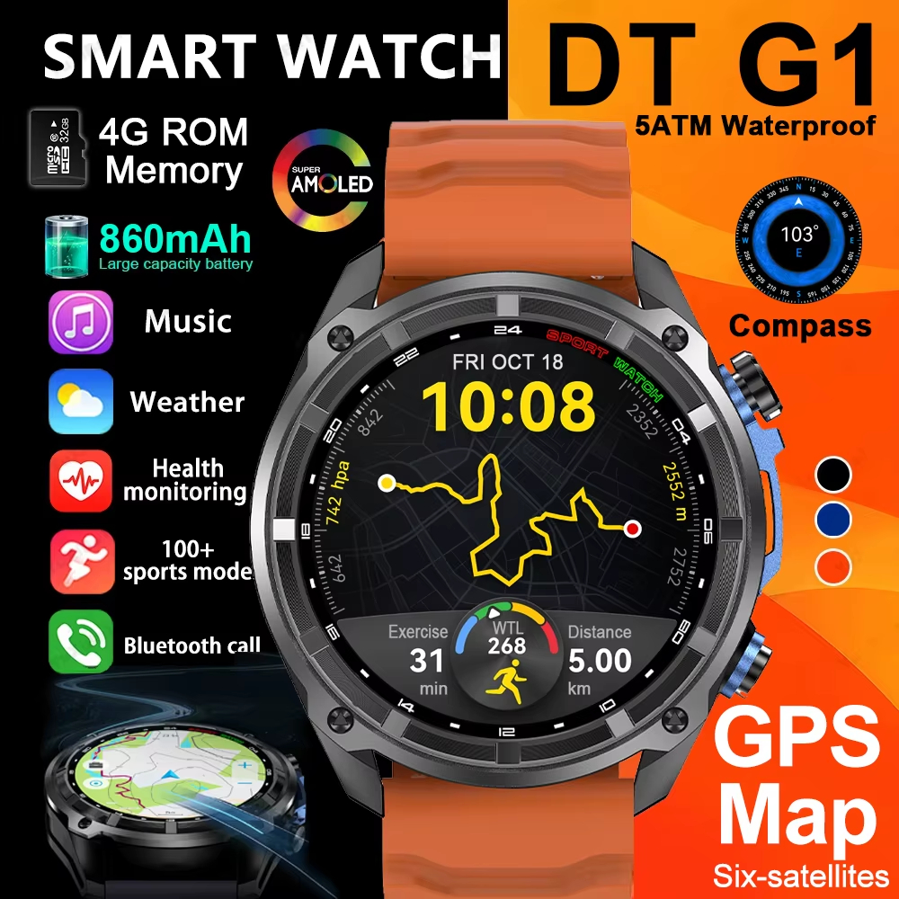 DT G1 Ultra GPS NFC Smartwatch 5ATM À Prova Dwaterproof Água Embutido Banda Dupla GNSS Bússola Esporte Militar Masculino