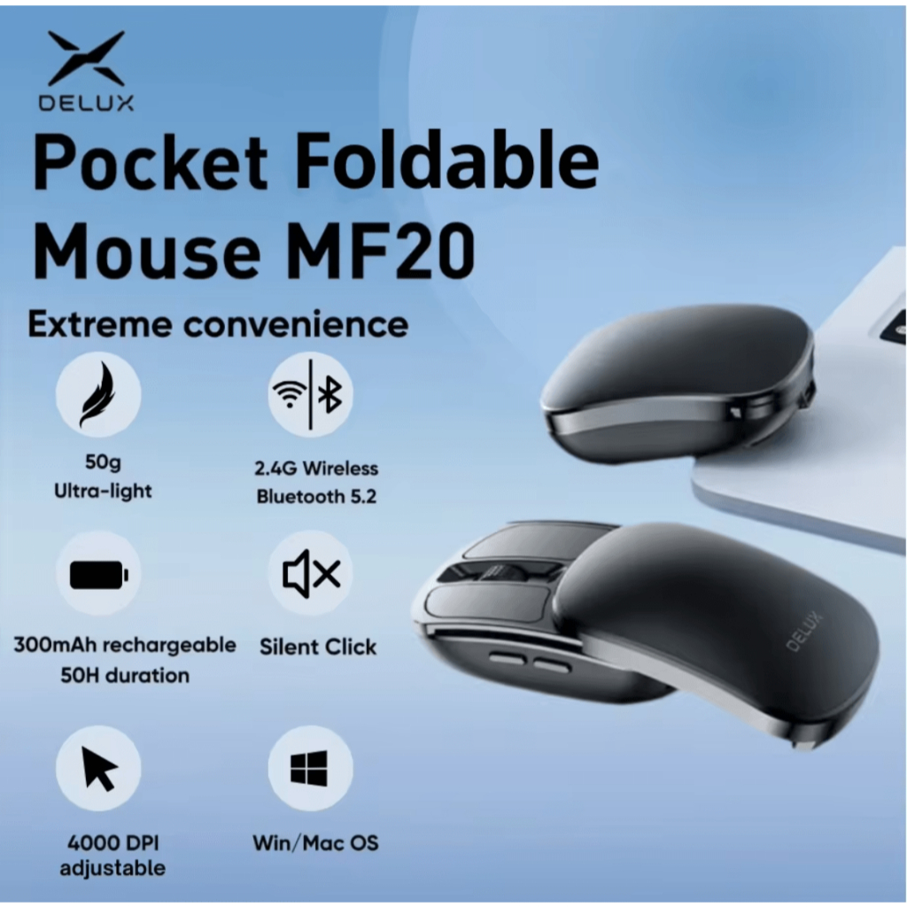 Delux MF20 Mouse Dobrável Sem Fio Ultraleve 50g Portátil Silencioso Clique 2.4G Bluetooth Para Tablet Windows Mac OS Bol em Oferta na Shopee