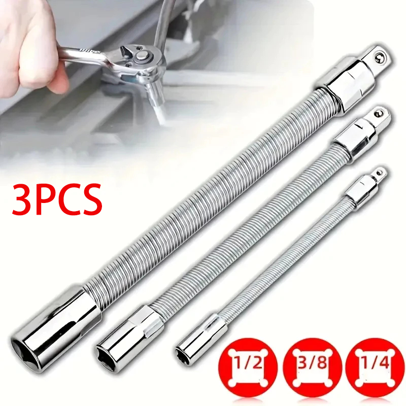 Kit 3 Pcs Driver Flexível Longo Soquete Extensão Haste Adaptador Chave Catraca