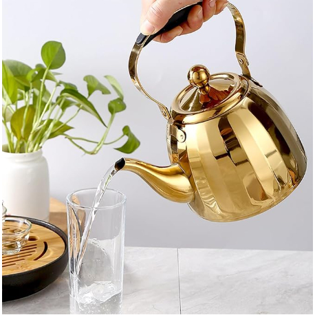 Chaleira Dourada Aço Inoxidável Com Infusor 1L Fogão Gás Indução Chaleira Bule Luxo Premium