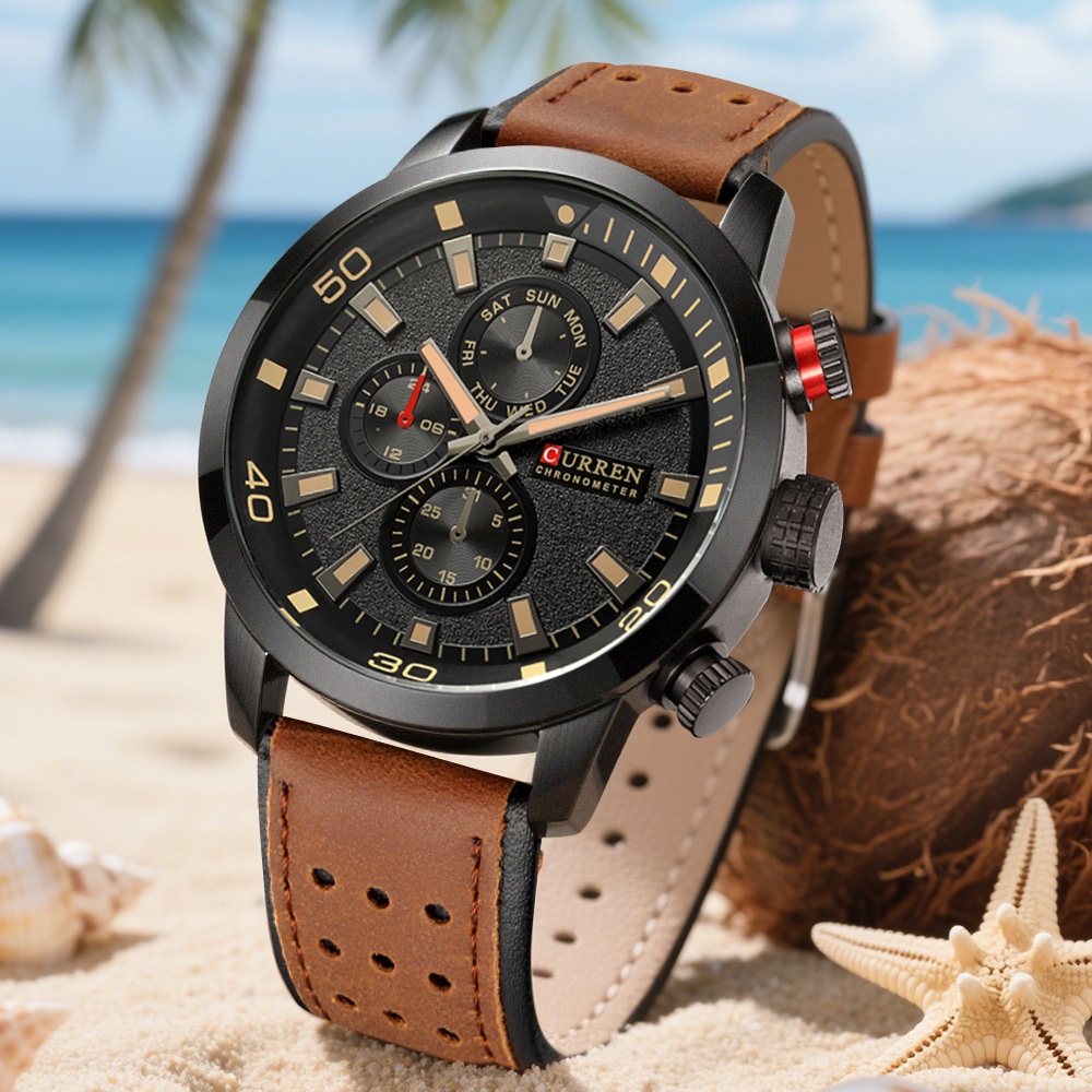 Relógio Masculino CURREN : Pulseira De Couro Clássico Genuíno , Estilo Esportivo Casual Elegante , Analógico De Quartzo em Oferta na Shopee