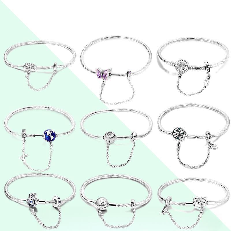 Original S925 prata rosa em forma de coração pulseira corrente de segurança cobra osso corrente compatível DIY jóias cha