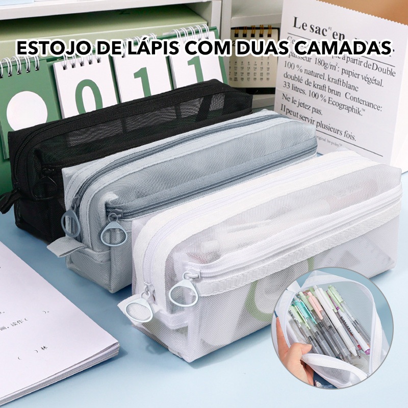 Imagem Estojo Dupla Camada em Malha Transparente com Alça - Grande Capacidade para Lápis, Maquiagem e Viagem | Necessaire