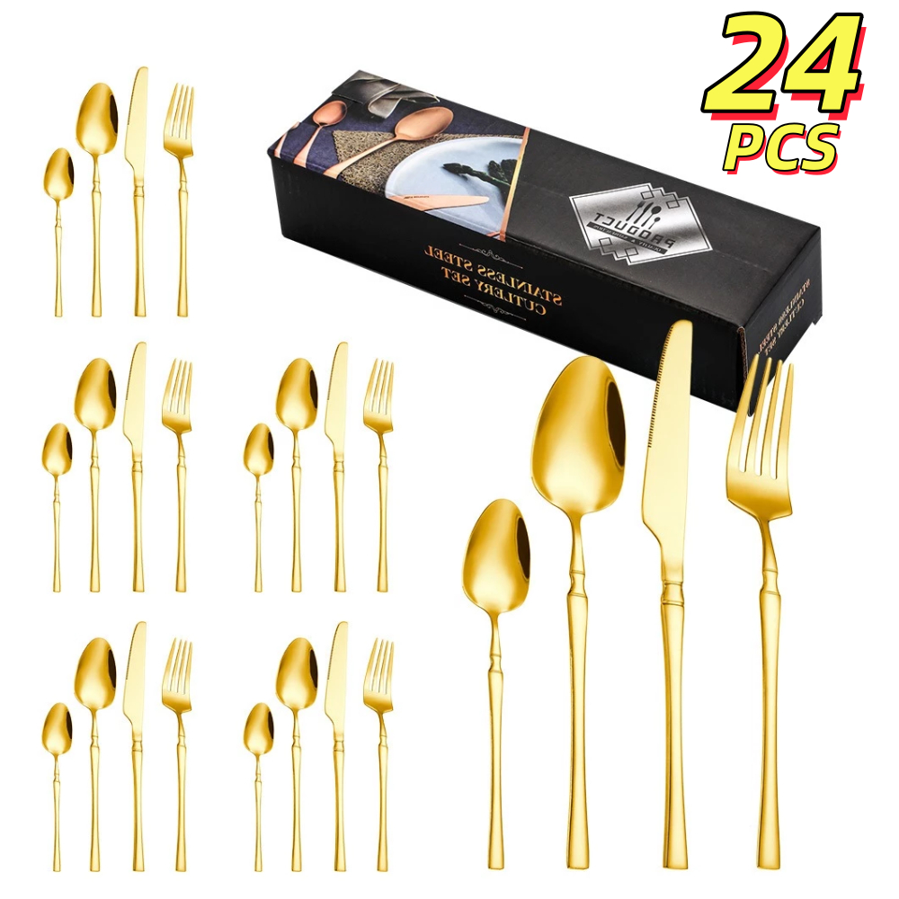 【Alta qualidade🍴】Kit 24 Jogo De Talheres Aço Inoxidável 416 Cintura Fina Textura Dourado em Oferta na Shopee
