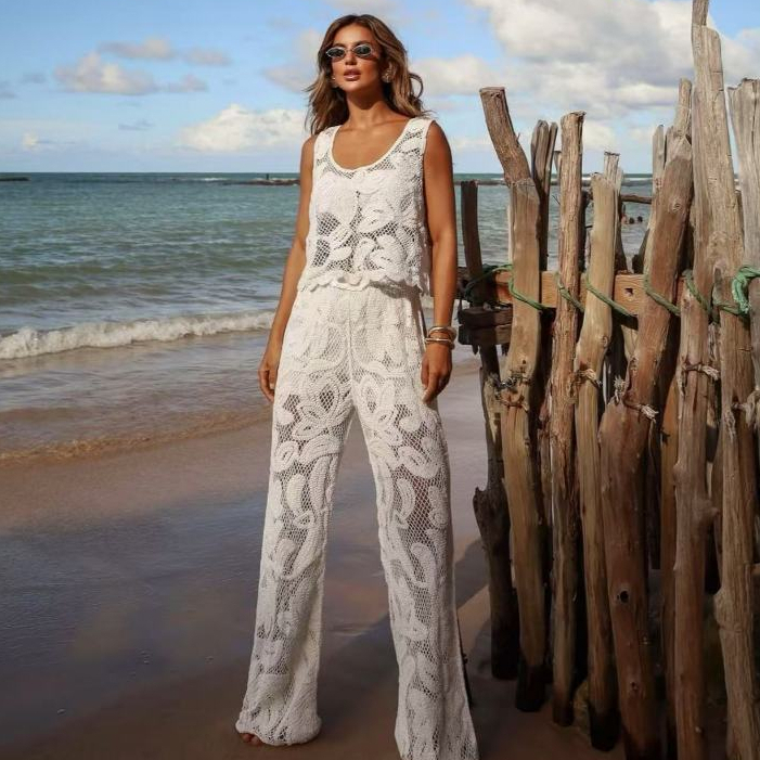 NEW Conjunto de regata e calça de crochê. Uma luxuosa Conjunto Cobertura Biquíni Boho. Simples e elegante. em Oferta na Shopee