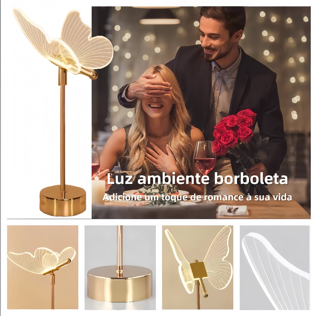 Candeeiro de mesa borboleta, luz noturna nórdica para quarto bivolt 3cors