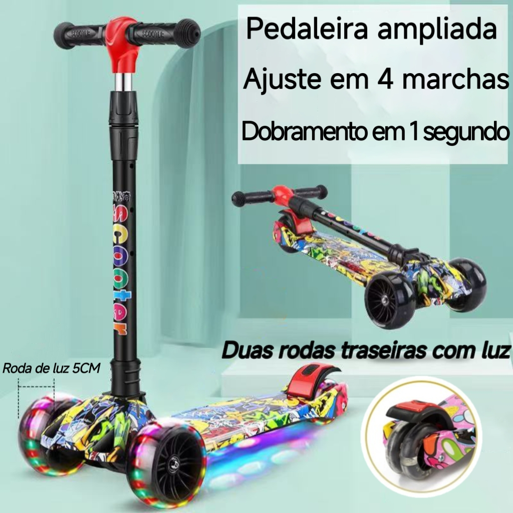 Patinete infantil 4 rodas com led ajustável scooter dobrável menino menina em Oferta na Shopee