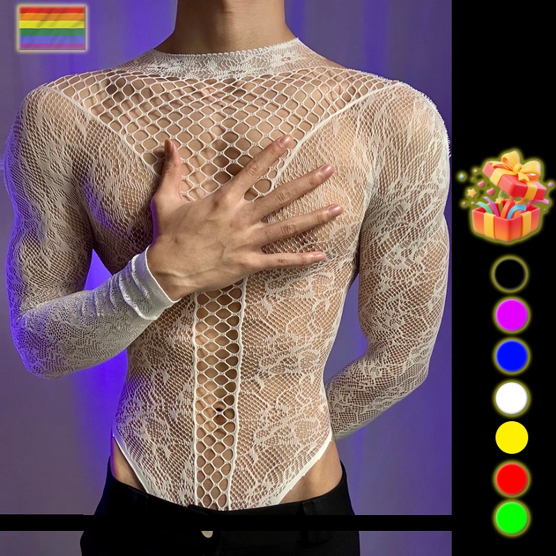 Homens Malha Peixe Manga Longa Pullovers Bodysuit Macacão Gay sissy Sexy Pijamas Lingerie Interna Plus Size