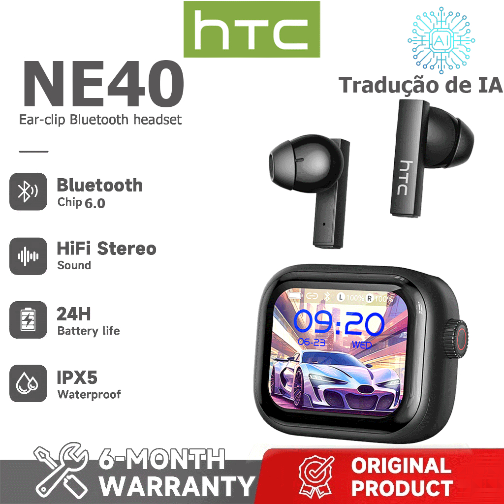 Garantia de um ano HTC NE40 AI Tradução Tradução em tempo Real TWS Fone de ouvido Bluetooth Bluetooth 6.0 HiFi Qualidade