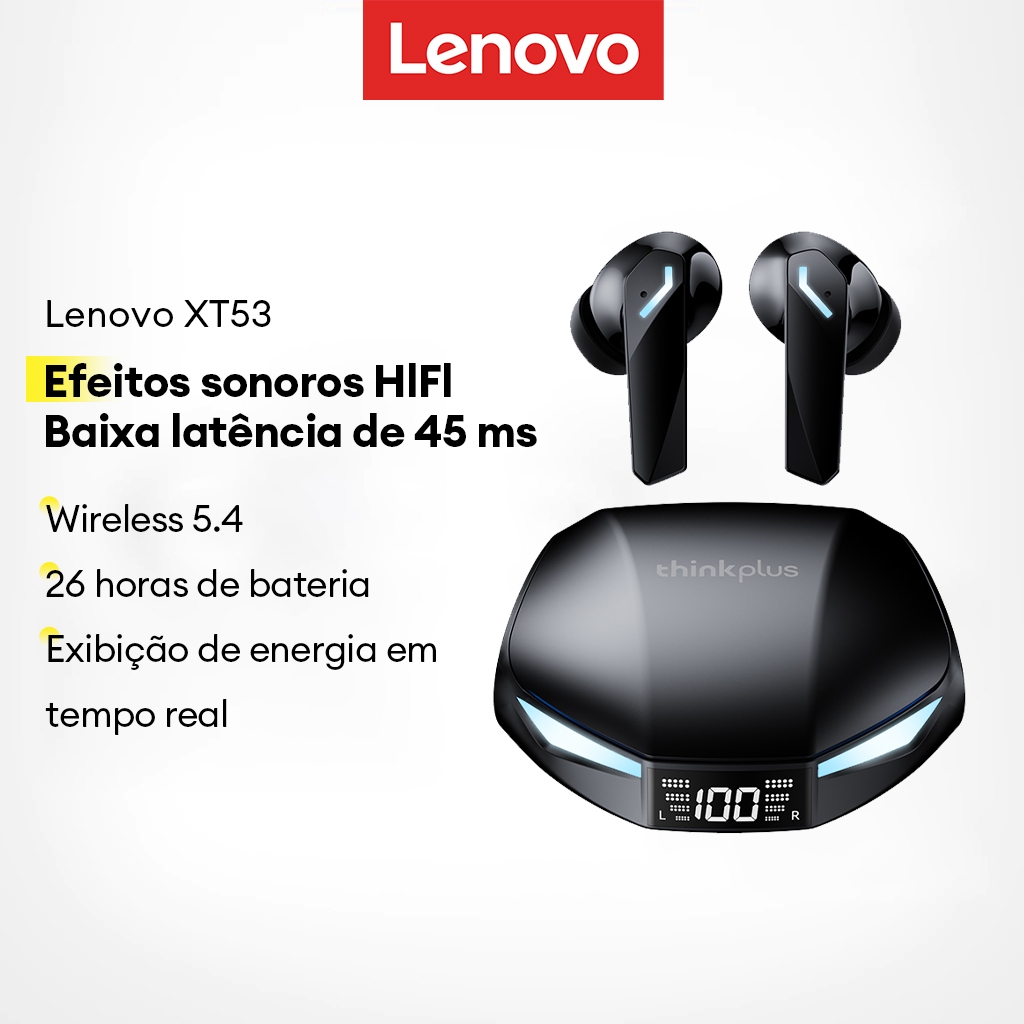Lenovo XT53 Fones De Ouvido Bluetooth display Da Bateria Alta Fidelidade Som Estéreo Cancelamento Ruído À Prova Dwaterpr em Oferta na Shopee