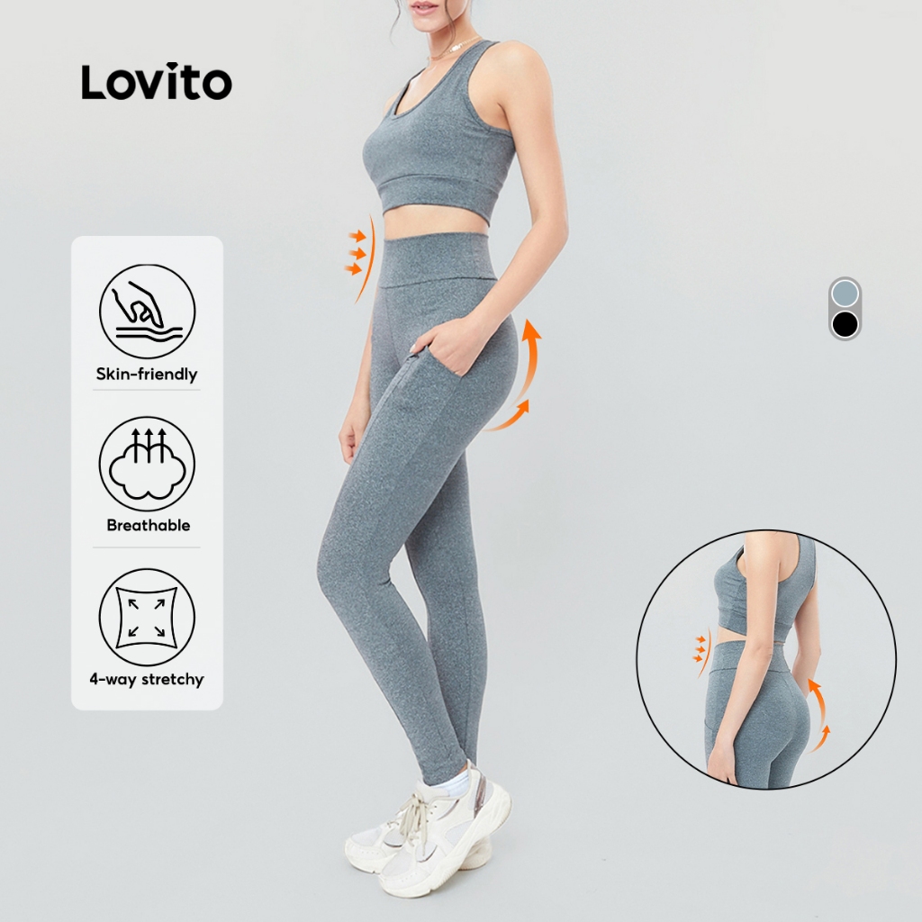 Lovito Conjunto Feminino Esportivo Top e Legging com Bolso LB319BRL348 em Oferta na Shopee