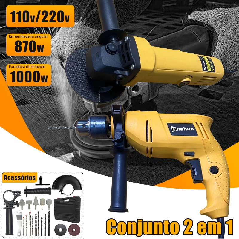 Kit Esmerilhadeira/Lixadeira e Furadeira Impacto 870w com Maleta 30 Peças e Acessórios — R$ 125,00 em Shopee, 32% OFF