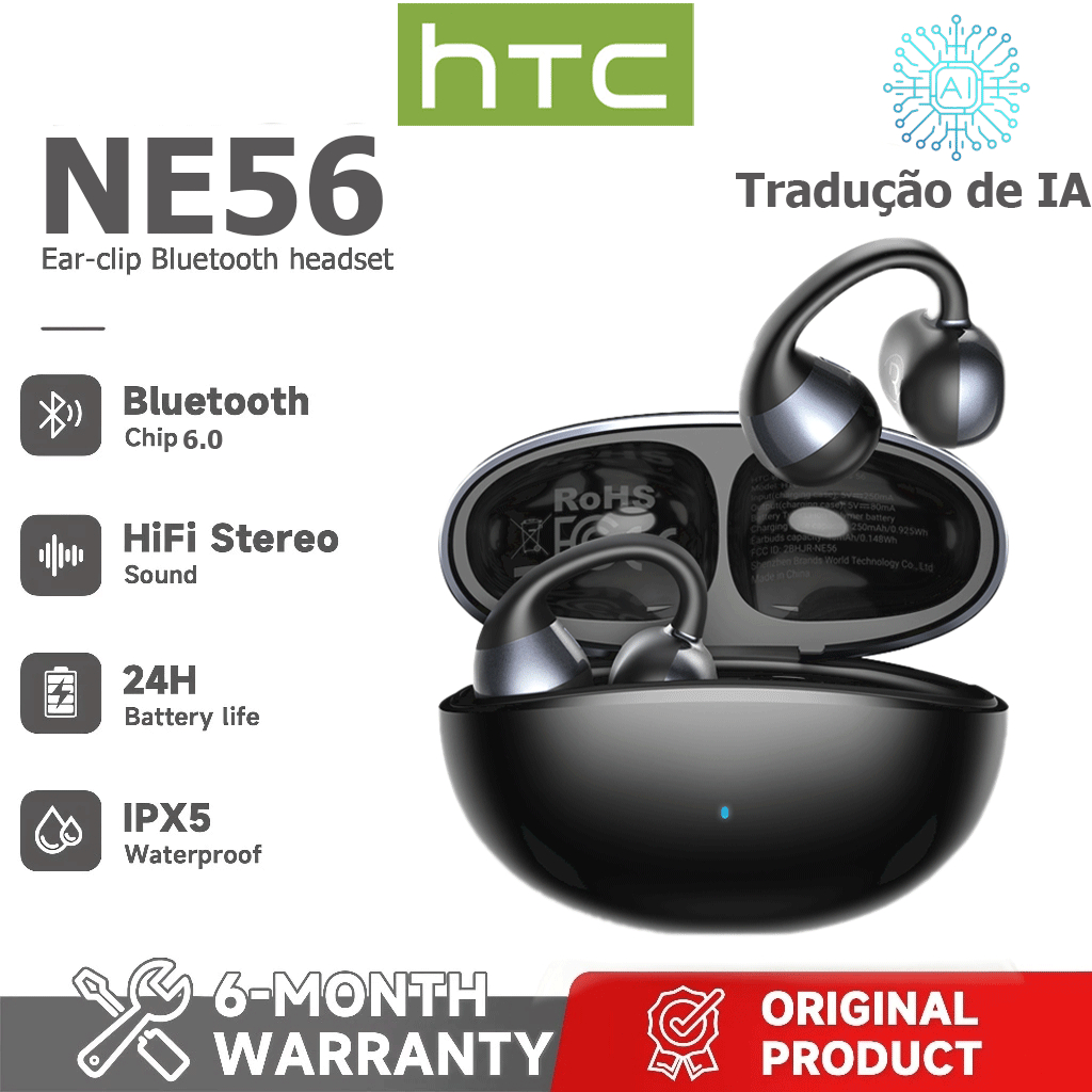 Garantia de um ano HTC NE56 AI Tradução Tradução em tempo Real TWS Fone de ouvido Bluetooth Bluetooth 6.0 HiFi Qualidade