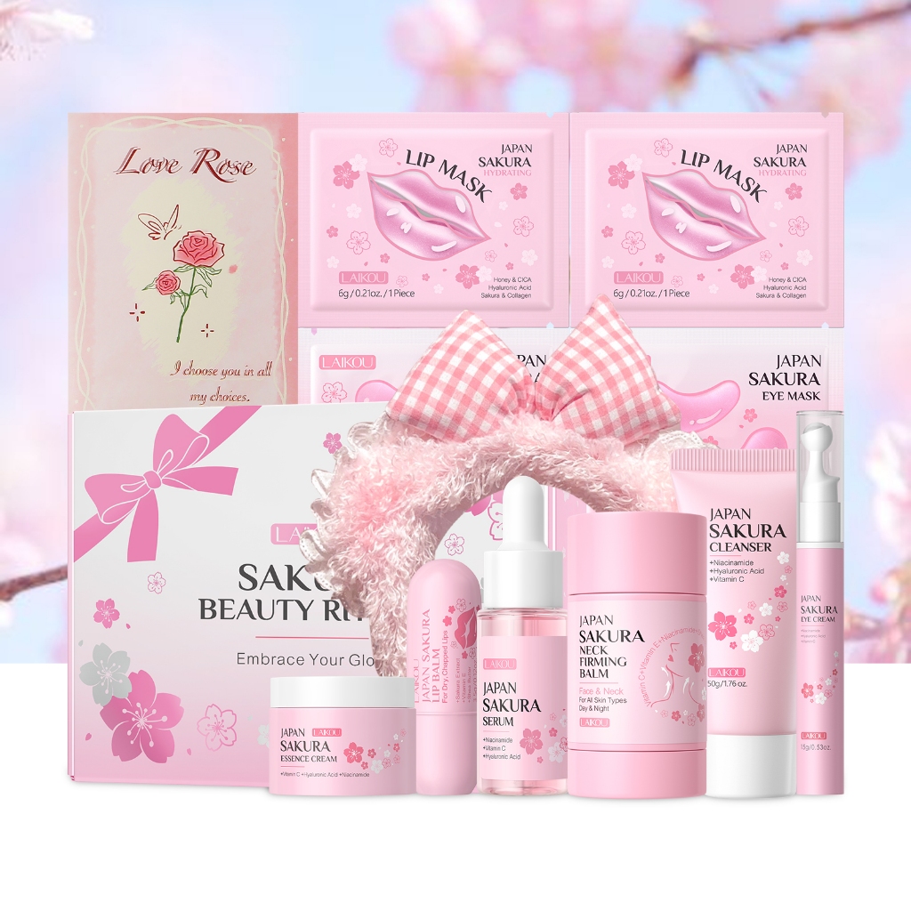 Conjunto De Presente De Luxo LAIKOU Sakura Para Cuidados Com A Pele-Rotina Completa De 13 Peças Rosto , Lábios E Olhos |
