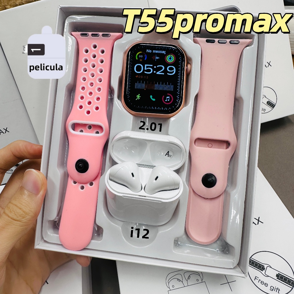 T55 Pro Max Smart Watch Com 4 Earbuds Set Hot-sale 2 Alças Bluetooth Chamada De Papel De Parede Personalizado