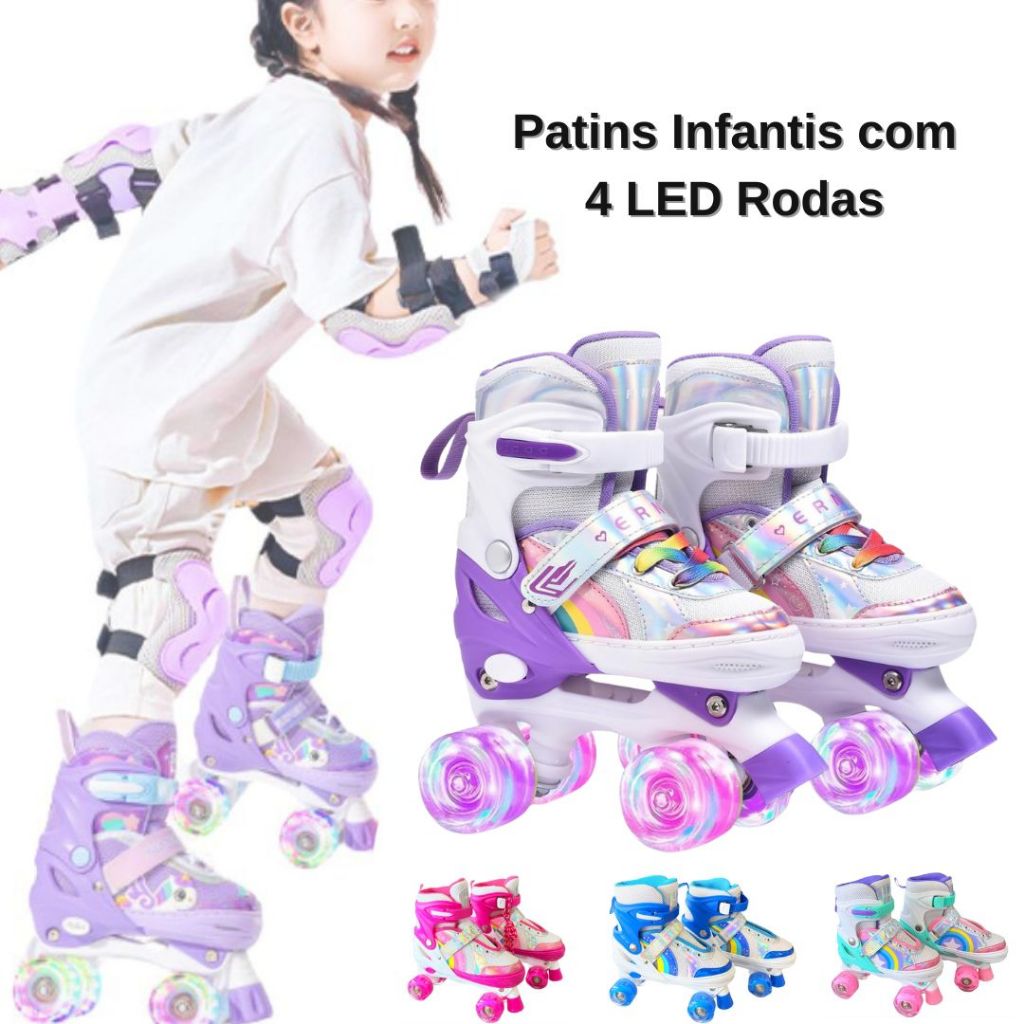 ‌Patins Infantis com 4 Led Rodas Tamanho ajustável com velcro, seguros chamativos Crianças Presente