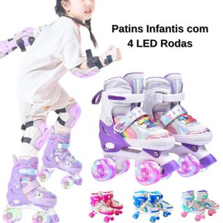 Patins Infantil 4 Rodas LED Ajustável Velcro Seguro Antiderrapante Presente Menina Menino