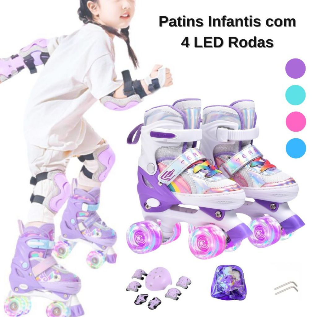 Patins Infantis 4 Rodas LED, Ajustável, Iniciantes, Proteção espessa opcional, Melhor presente