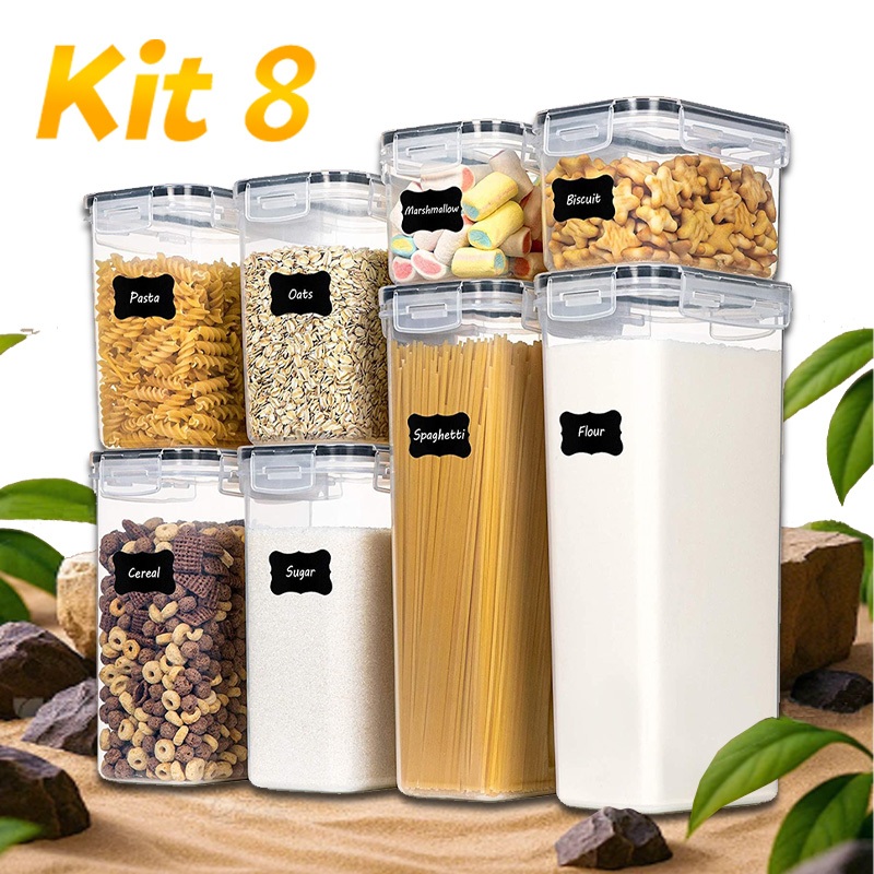 Kit 8 Conjunto de Potes Herméticos em Acrílico Cristal com Trava e Design Empilhável - Organizador para Mantimentos