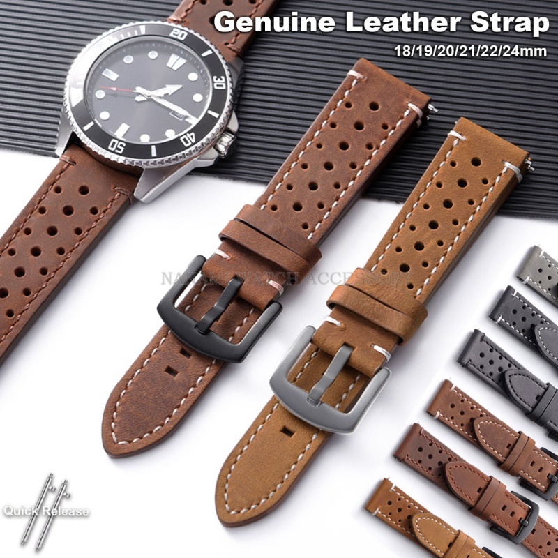 Pulseira De Relógio De Couro Genuíno Premium 18mm 19mm 20mm 21mm 22mm 24mm Poroso Respirável Retro Pulseiras De Liberaçã em Oferta na Shopee