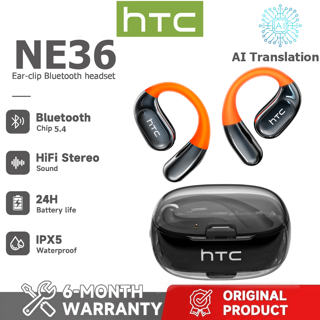 1 ano de garantia HTC NE36 AI Tradução Tradução em tempo Real TWS Fone de ouvido Bluetooth Bluetooth 6.0 HiFi Qualidade