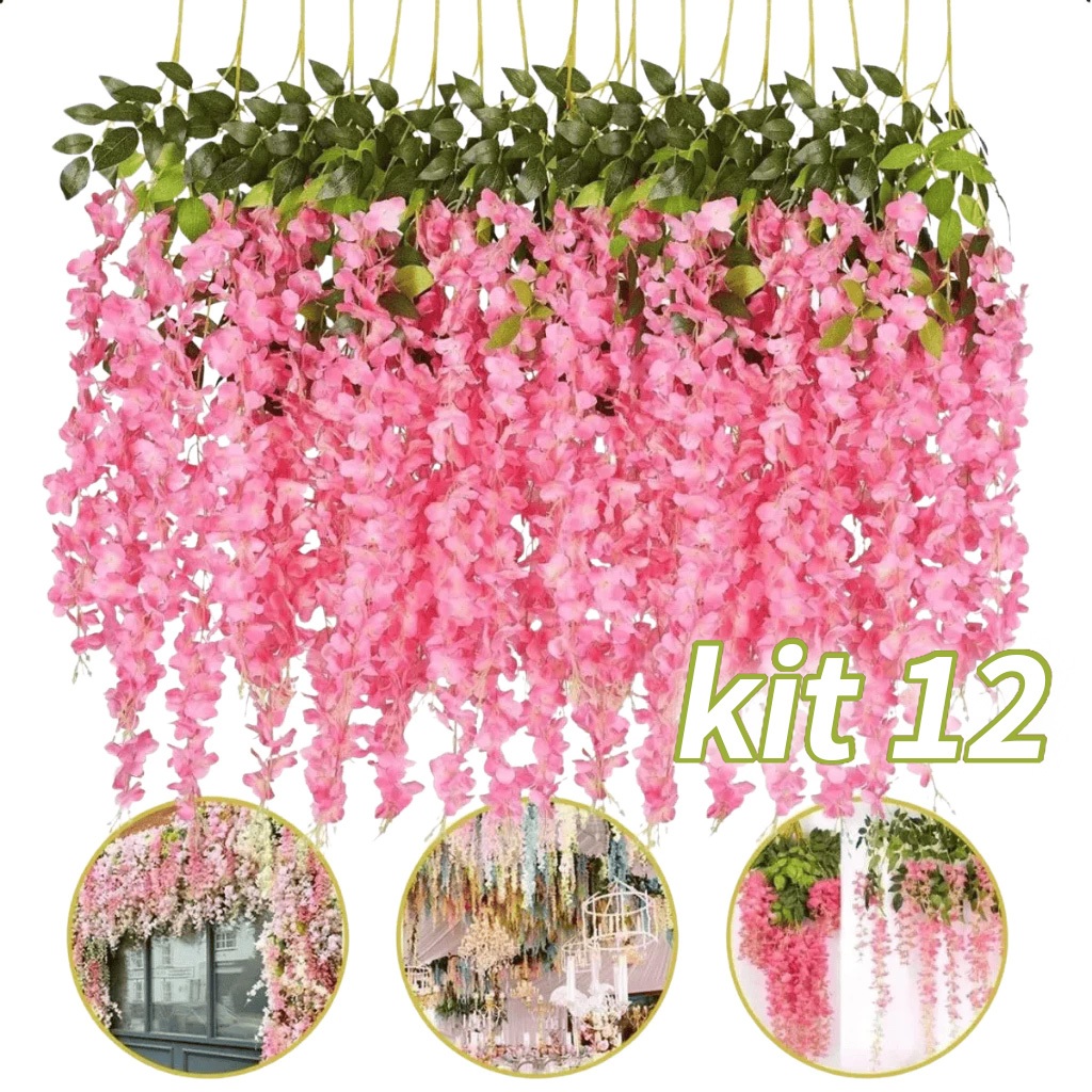 Kit 12 Galhos Flor Cerejeira Artificial Ramos Grande Pendente Corrente Galhos Decoração Rosa Branco