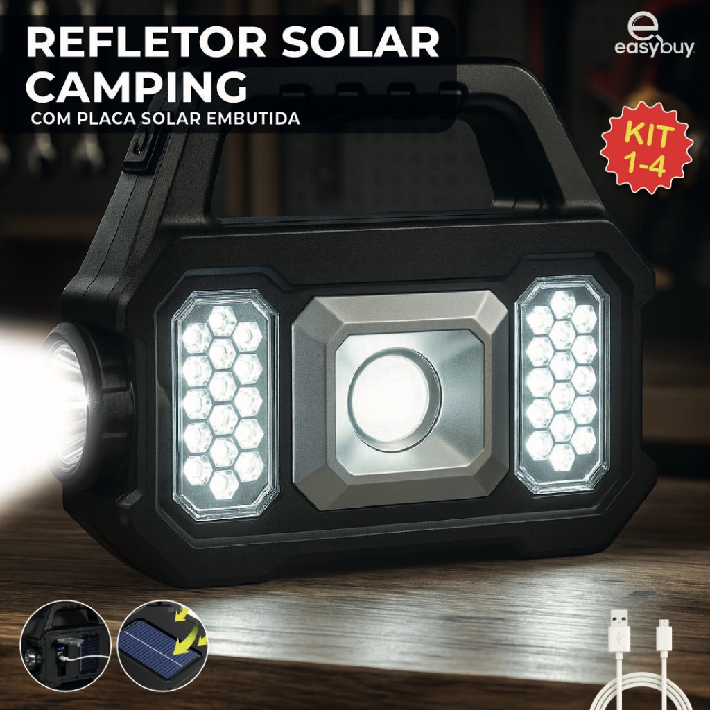 Kit 4 Lanterna Solar Portátil Led Camping com Powerbank 1K Lúmens de Alta Potência USB Bivolt