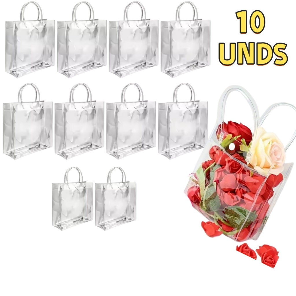 10pcs Reusável Transparente PVC Sacos De Presente De Plástico Com Alças Transparentes em Oferta na Shopee