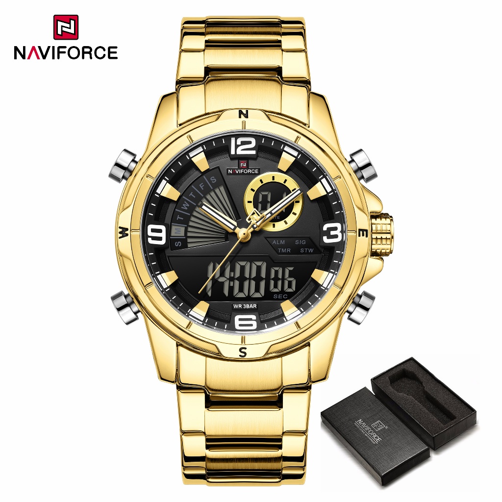 NAVIFORCE 9257 Despertador De Movimento De Display Duplo Com Pulseira De Aço Inoxidável Multifuncional Luminosa Relógio