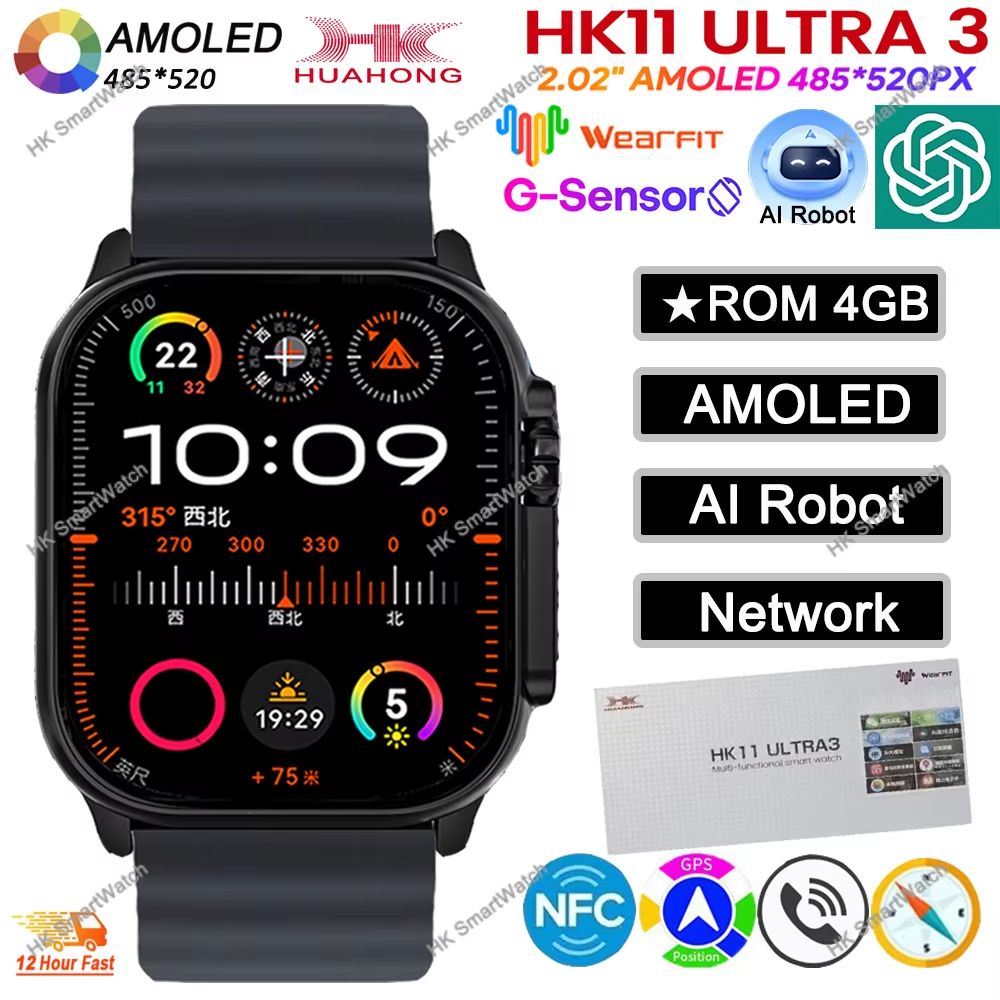Smartwatch 2026 Original HK11 ULTRA 3 49mm AMOLED 4G ROM AI Chat Robô Bluetooth Rede Chamada Relógio NFC Bússola Intelig
