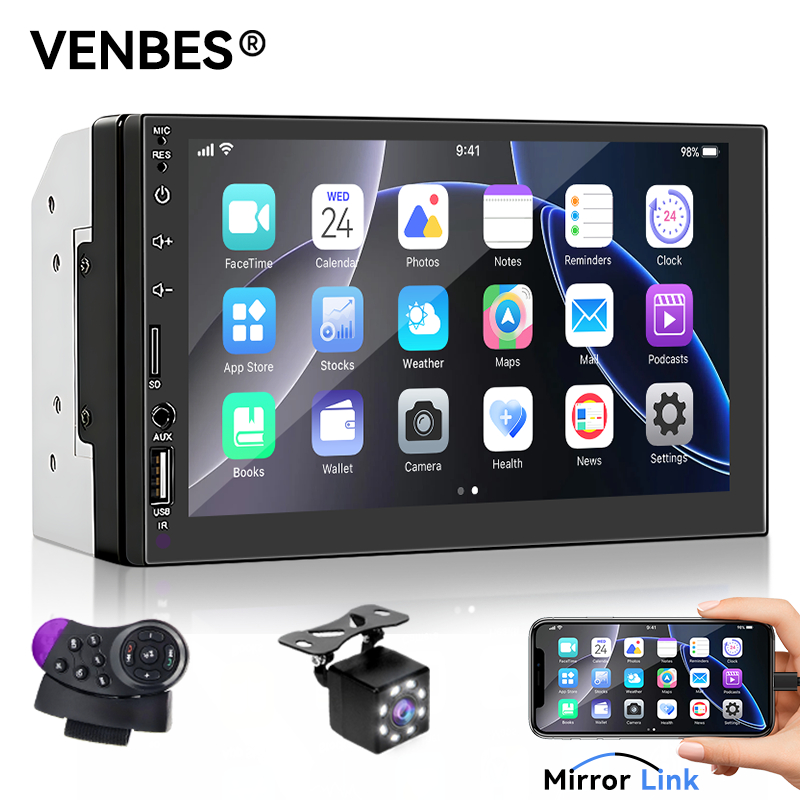 VENBES Central Multimídia Mp5 2 Din Espelhamento Radio Tela de 7 Polegadas Bluetooth e câmera de ré