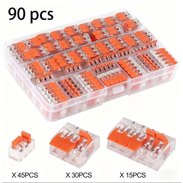 Kit 90 Peças Conector Elétrico Emenda Wago 221 Original 1, 2, 3 e 5 vias - 4mm e 6mm