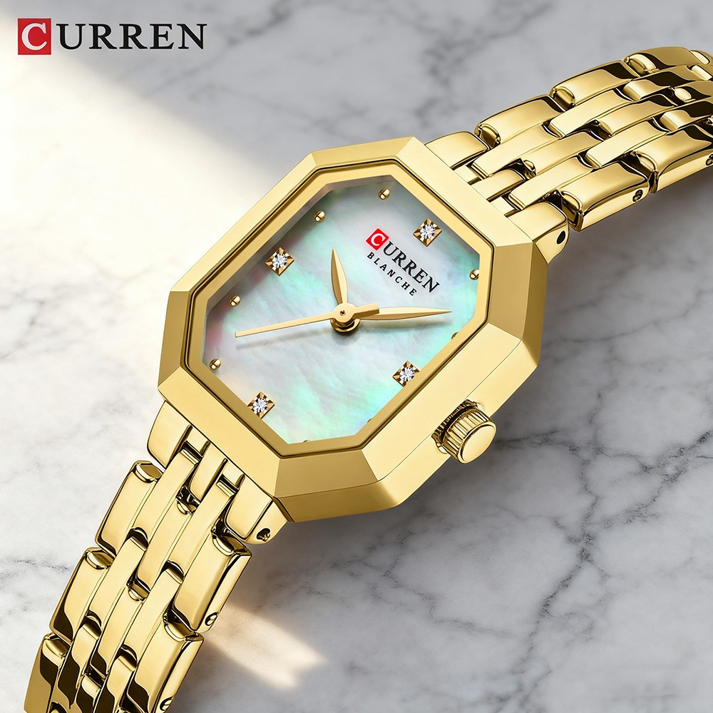 Relógio Feminino CURREN Marca Autêntica Moda Luxo Ouro-Verde Mostrador Quadrado Pulseira De Aço Inoxidável Casual Negóci