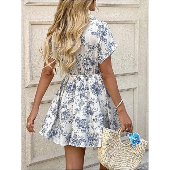 Feminino Floral Impressão Botão Manga Curta Verão Boho Flowy Vestido Curto Praia Roupas De Férias