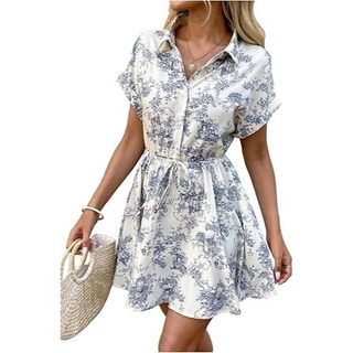 Feminino Floral Impressão Botão Manga Curta Verão Boho Flowy Vestido Curto Praia Roupas De Férias