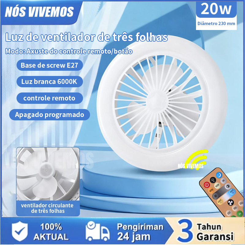 Ventilador Lâmpada E27 com Luz LED 6000K, Controle Remoto 20W, Fácil de Instalar para Quarto e Escritório