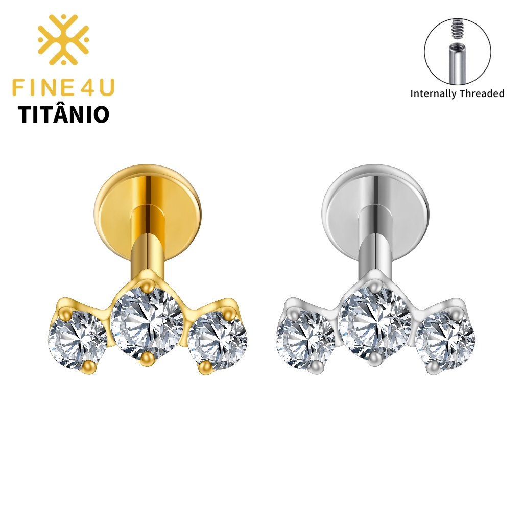 FINE4U Piercing Titânio Com Triplo Zircônias Para Helix Conch Cartilagem 6-10mm Hipoalergênicas