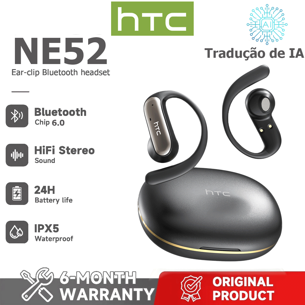 Garantia de um ano HTC NE52 AI Tradução Tradução em tempo Real TWS Fone de ouvido Bluetooth Bluetooth 6.0 HiFi Qualidade